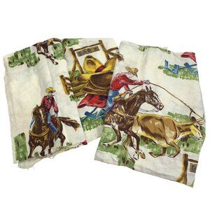 Set of Two 1950-60s Cowboy Western Rodeo Pillow Cases Fabric Horse Steer w/ Flaw